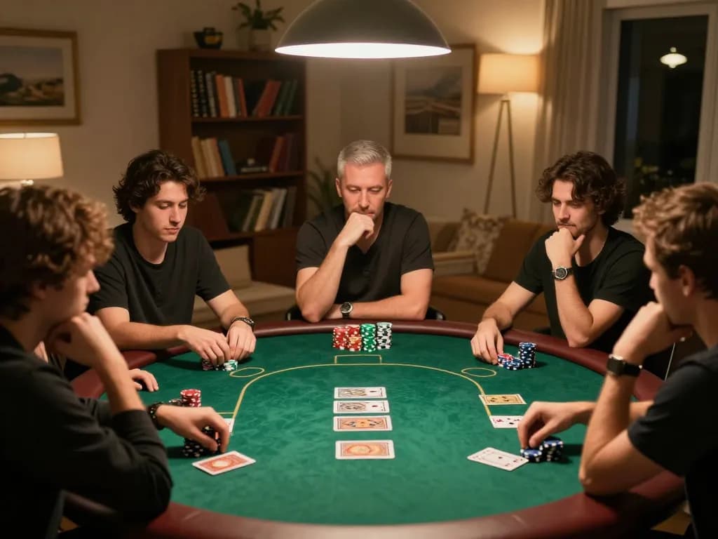 Rikvip players engaged in intense poker game with warm ambiance and strategic gameplay.