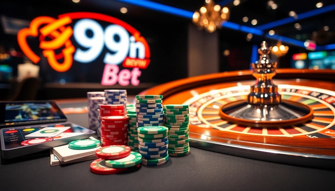Experience the thrilling excitement of 99win bet with vibrant casino scenes featuring poker chips and a roulette wheel.