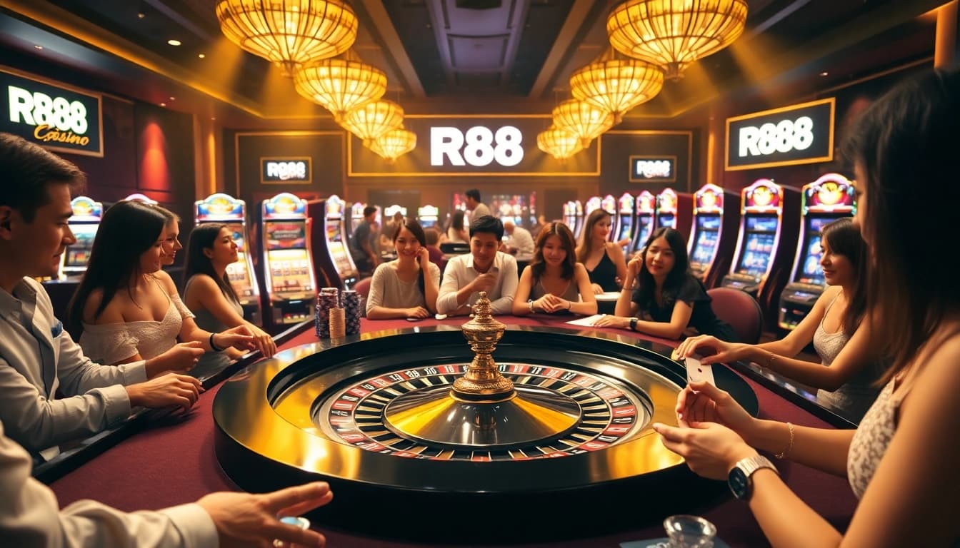 Exciting gambling experience at RR88 with players enjoying roulette and slot machines.