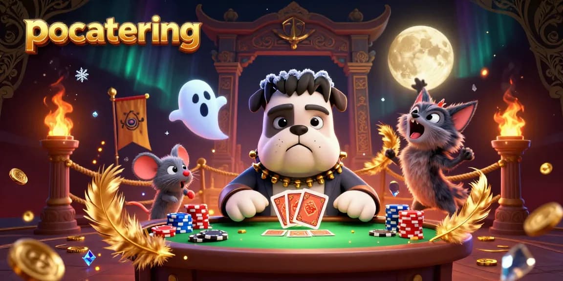 Pocatering menampilkan monyet hantu terapung dikelilingi kartu dan koin dalam suasana kasino yang menegangkan.