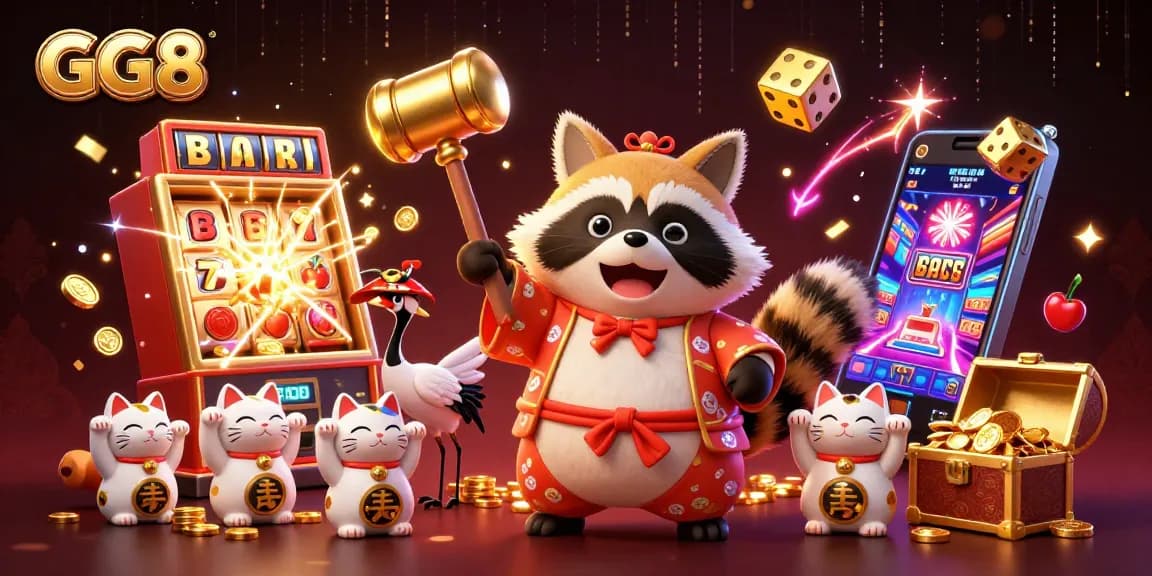 Experience the excitement of GG8 with vibrant casino illustrations of a lucky tanuki and jackpot symbols.