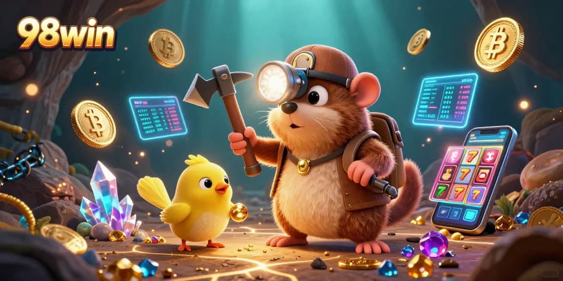 Engage with 98win's immersive gaming environment featuring a treasure hunter mole and crypto elements.