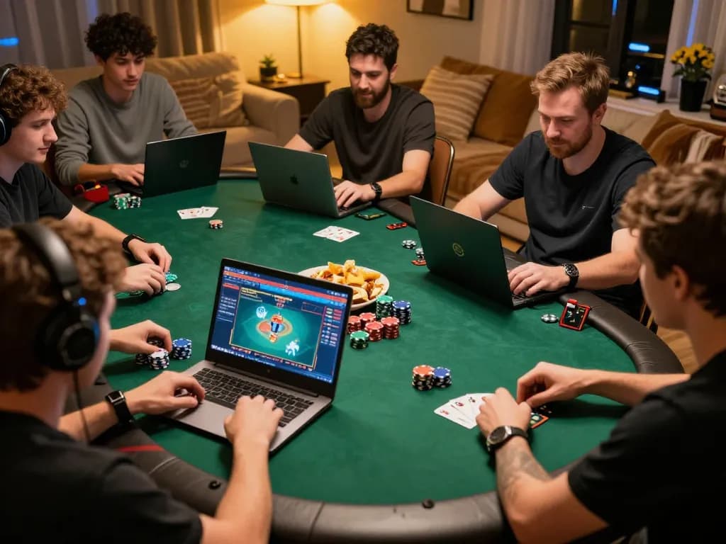 Players participating in an exciting online poker game at home, showcasing the RR88 interface with chips and cards.