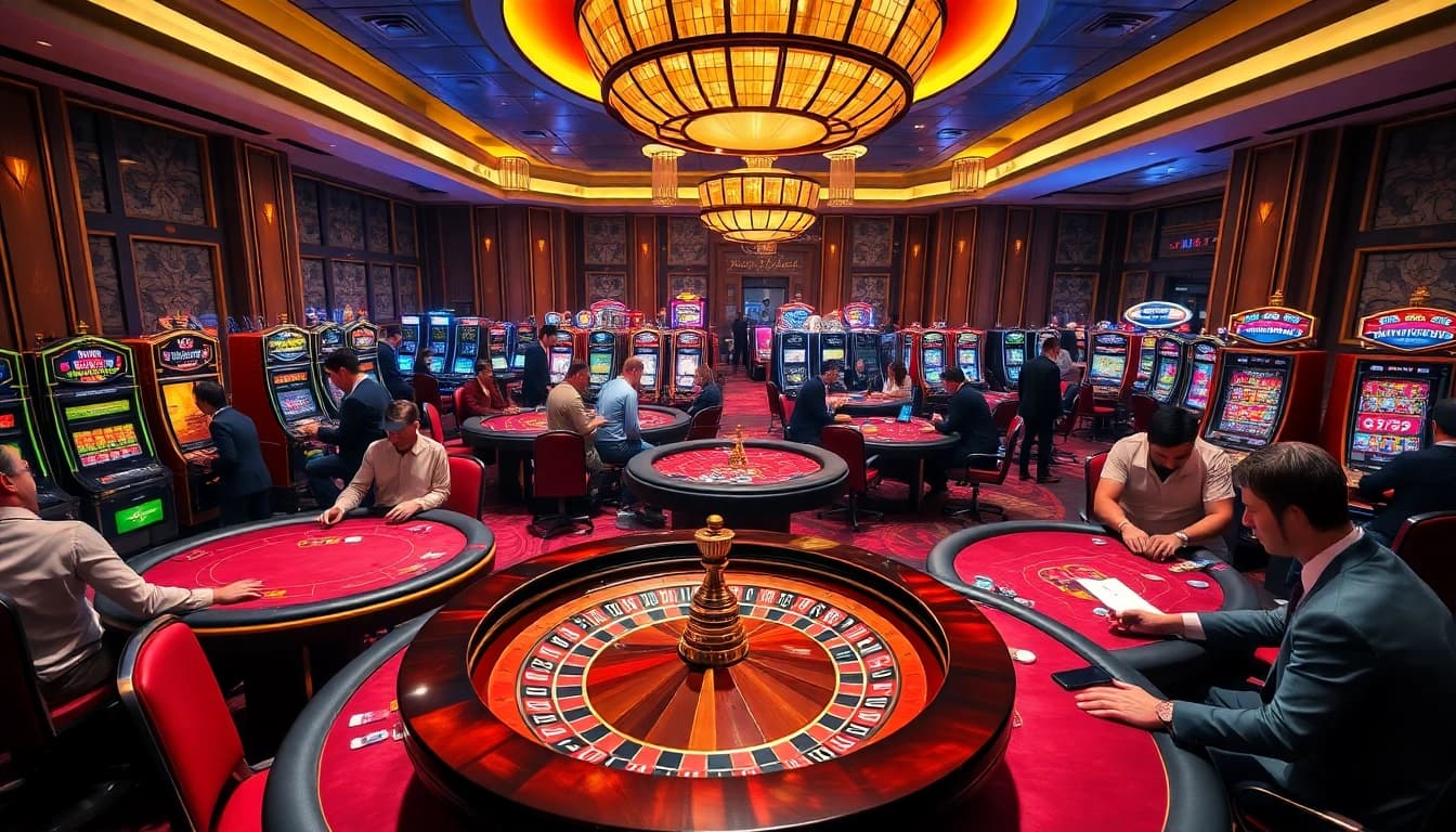 SODO66 casino players enjoying a thrilling game night with roulette and poker tables.