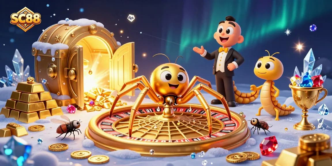 Spin the roulette with SC88 as golden treasures and croupiers surround players in a vibrant casino world.