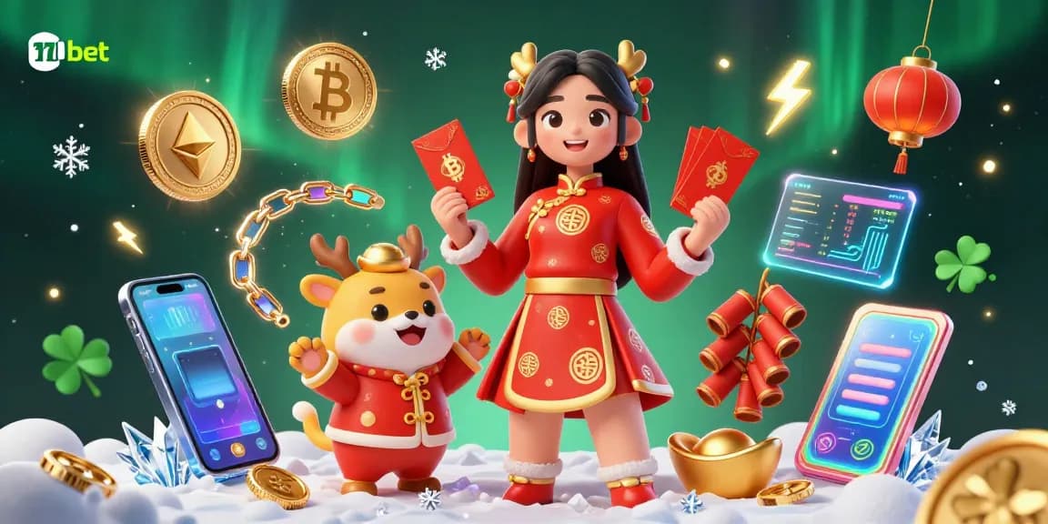 Experience 11bet's vibrant digital casino environment with a festive Lunar New Year theme, showcasing gaming elements and crypto.