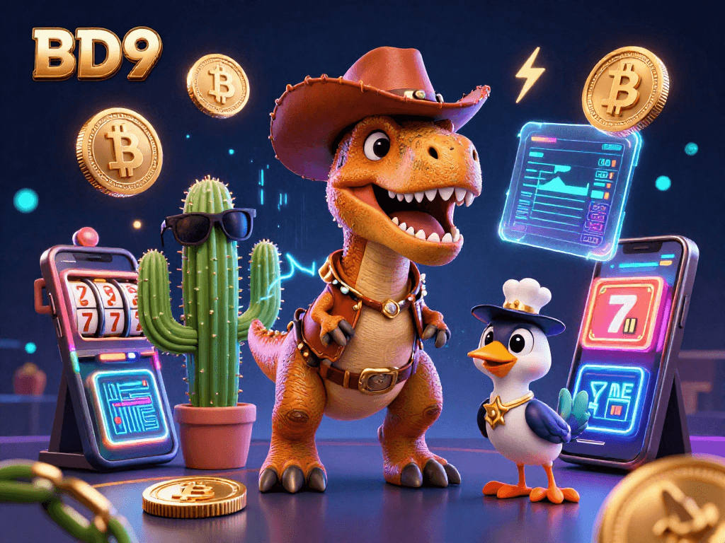 Engage with BD9's vibrant casino world through a lively 3D illustration featuring a cowboy dinosaur and crypto elements.