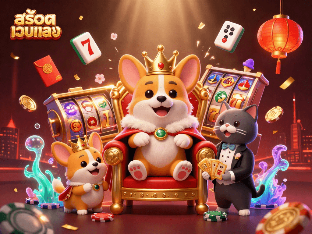 Engage with สล็อตเว็บตรง in a vibrant scene featuring a royal corgi and dynamic casino elements.