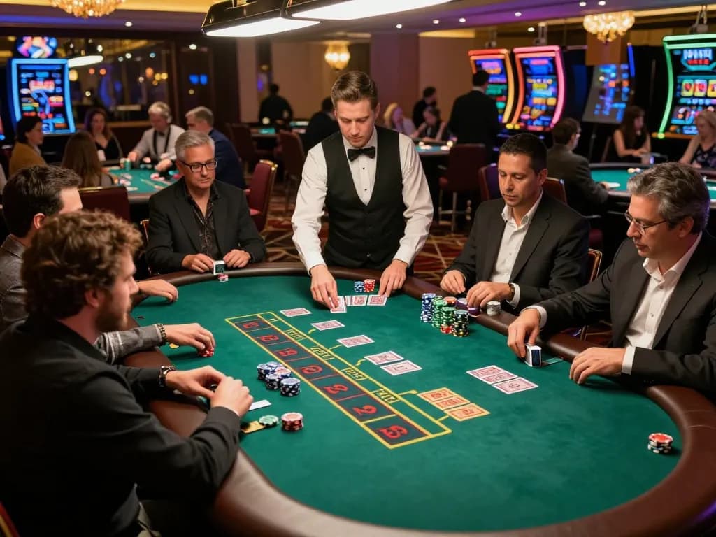 Players engaging in an exciting game of blackjack at the casino, showcasing strategic moves and sc88 chip stacks.
