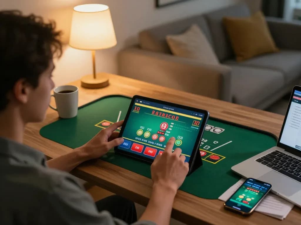 Engaging in live blackjack on luck88com with a tablet in a cozy home setting.