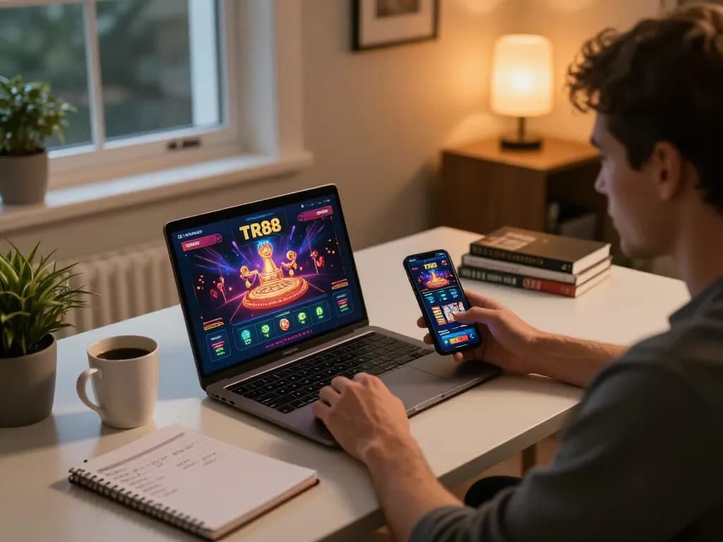 Player engaging with the TR88 online casino app on a modern gaming setup, emphasizing strategic betting.