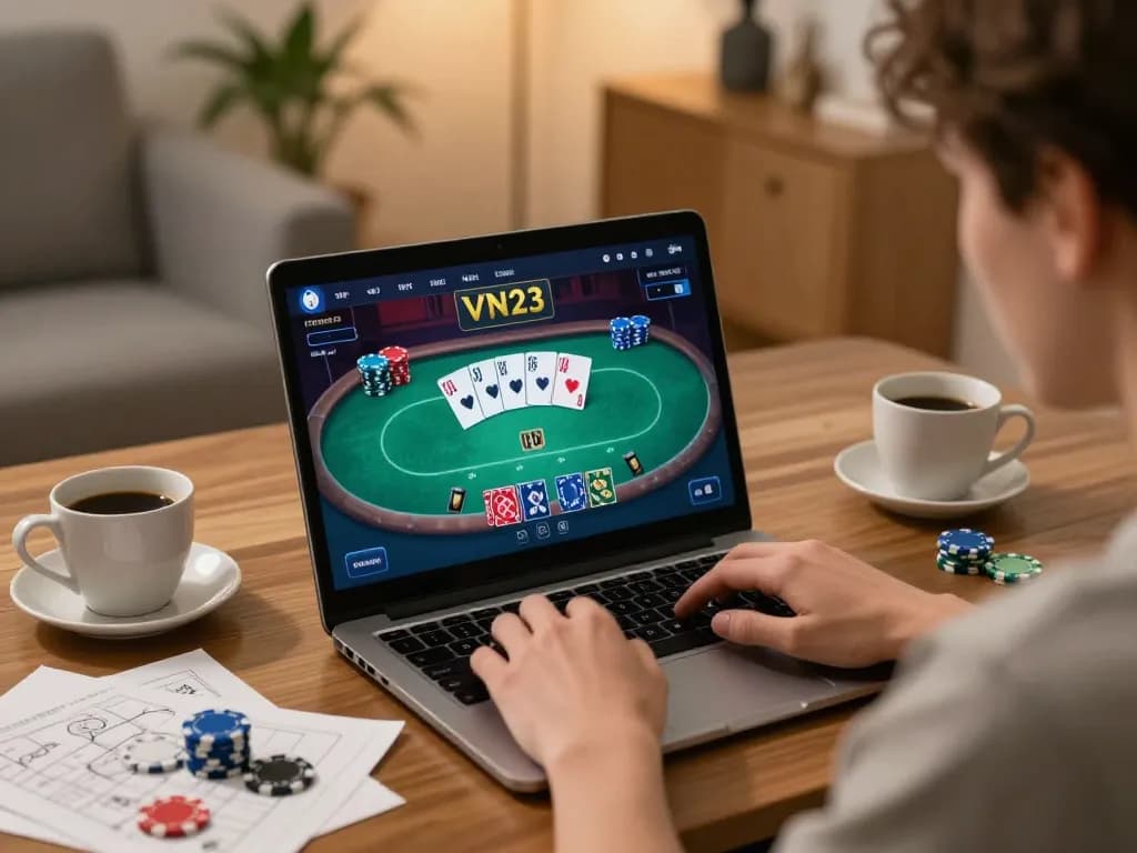 Player engaging in online gambling through the VN23 platform, focusing on poker strategy and gameplay.