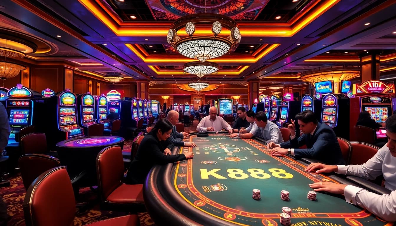 Players enjoying the excitement of gambling at the MK888 table in a luxurious casino setting.
