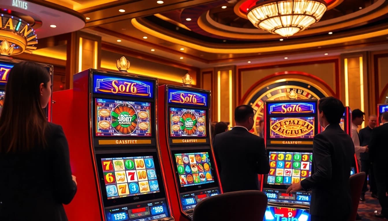 Players enjoying slot777 games at a luxurious casino, surrounded by colorful slot machines.