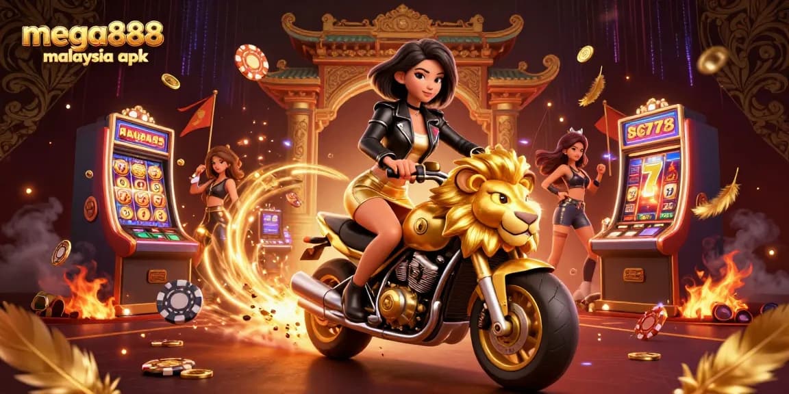 Engage in thrilling casino action with mega888 malaysia apk, featuring a glamorous character riding a golden lion amidst vibrant slot elements.