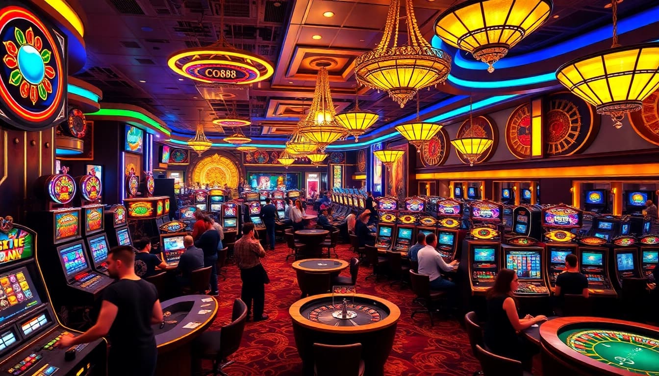 Players engaging in high-stakes gambling with co88 poker chips and vibrant casino visuals.
