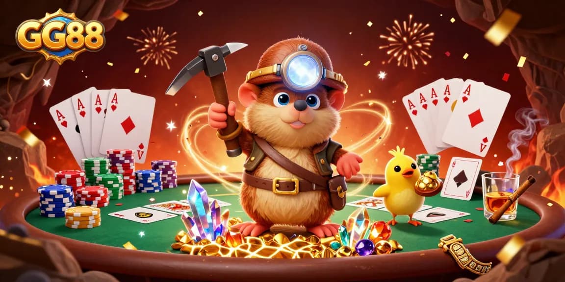 Engage with GG88's thrilling casino atmosphere, featuring vibrant characters amidst grand poker scenes.