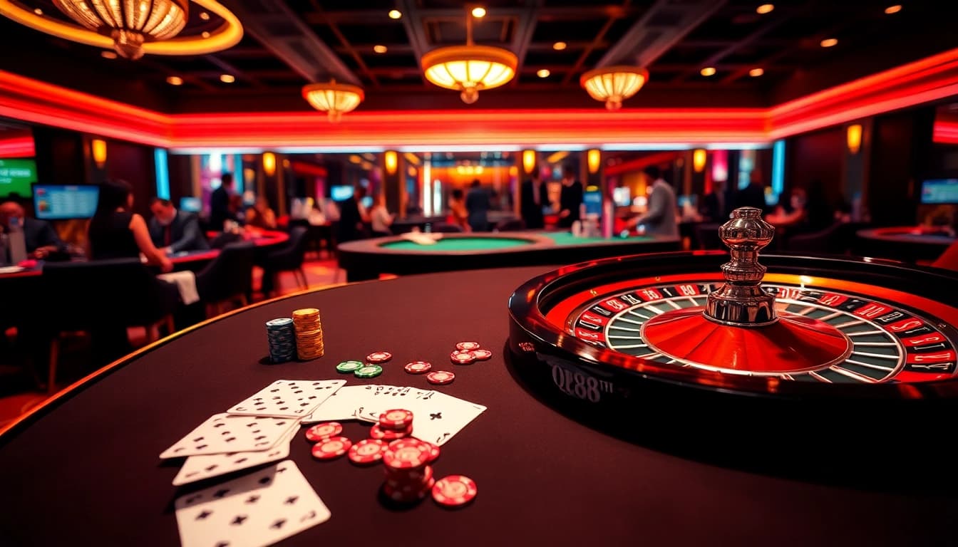 Experience thrilling casino gameplay at qh88 with vibrant cards and colorful chips.