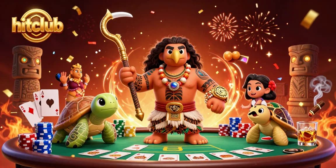 Engage with hitclub's thrilling poker scene featuring a demigod, turtle, and celebratory elements.