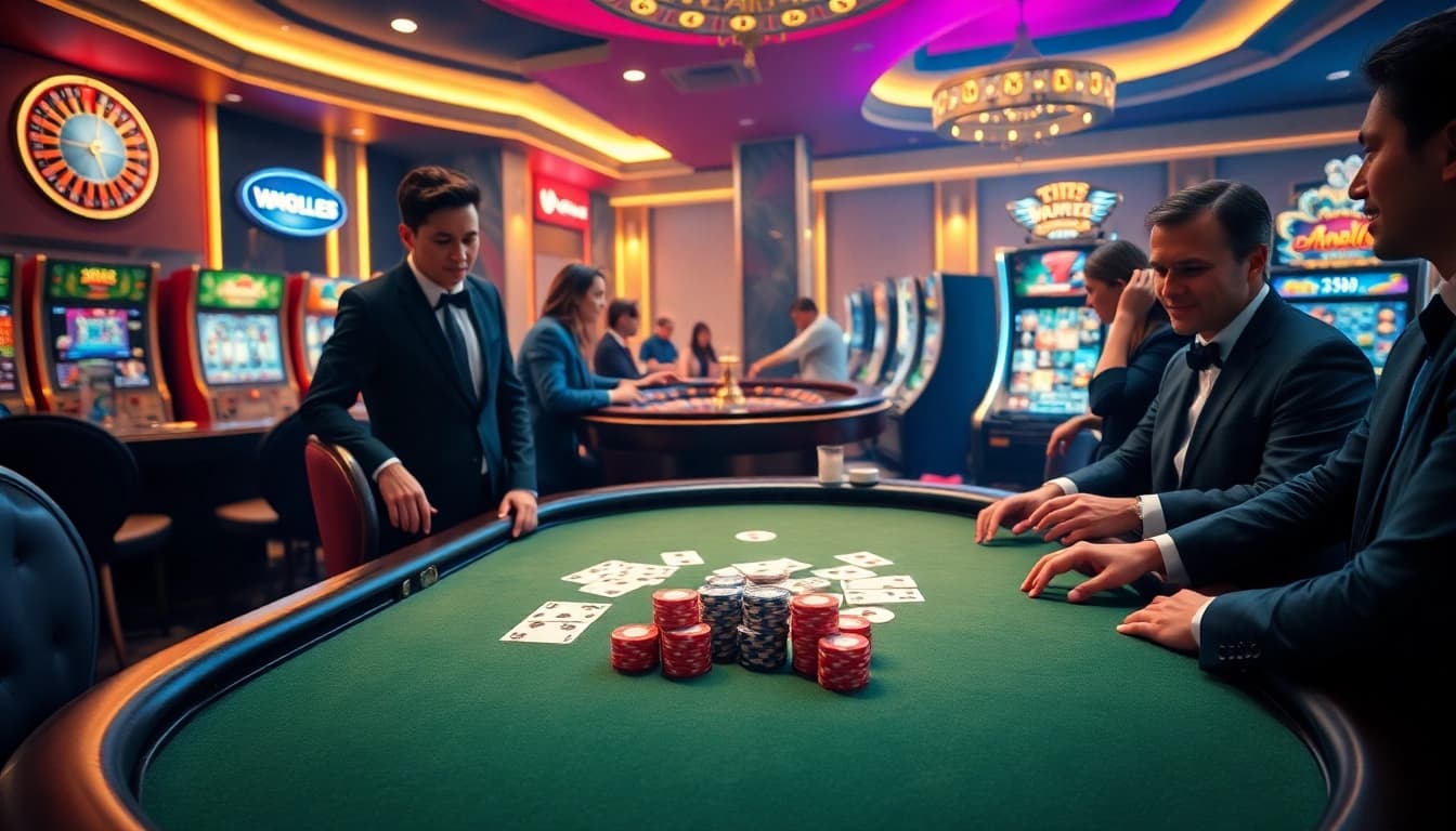 Exciting casino scene featuring ww88 poker action at a luxurious table with chips and cards.