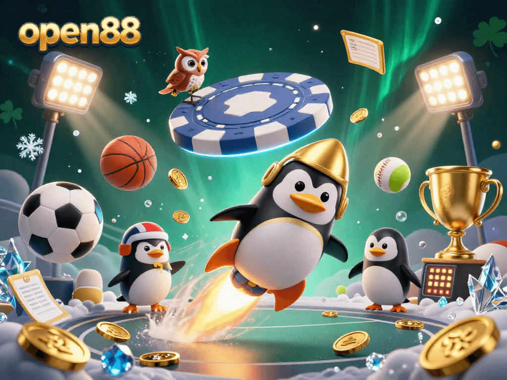 Experience open888's thrilling action with a golden penguin venture in a dynamic casino space!
