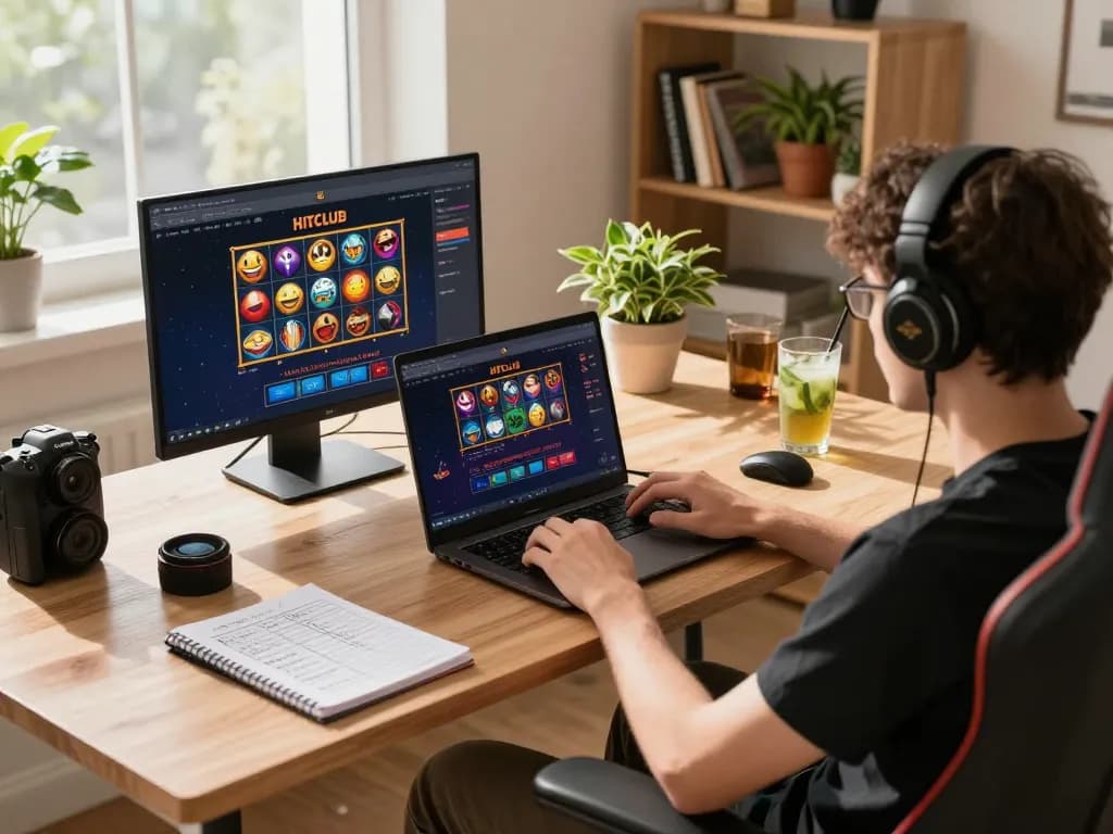 Playing games at HITCLUB online casino from a cozy home setup with strategic notes visible.