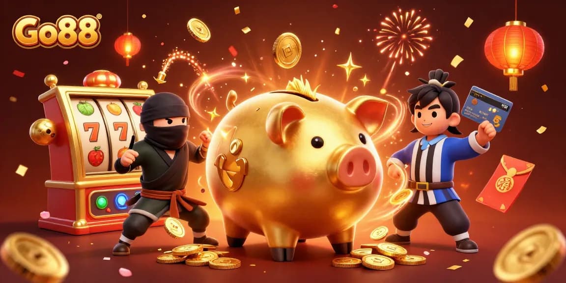 Engage with Go88's spirited gaming atmosphere through a vibrant 3D casino scene full of gold coins and festive elements.