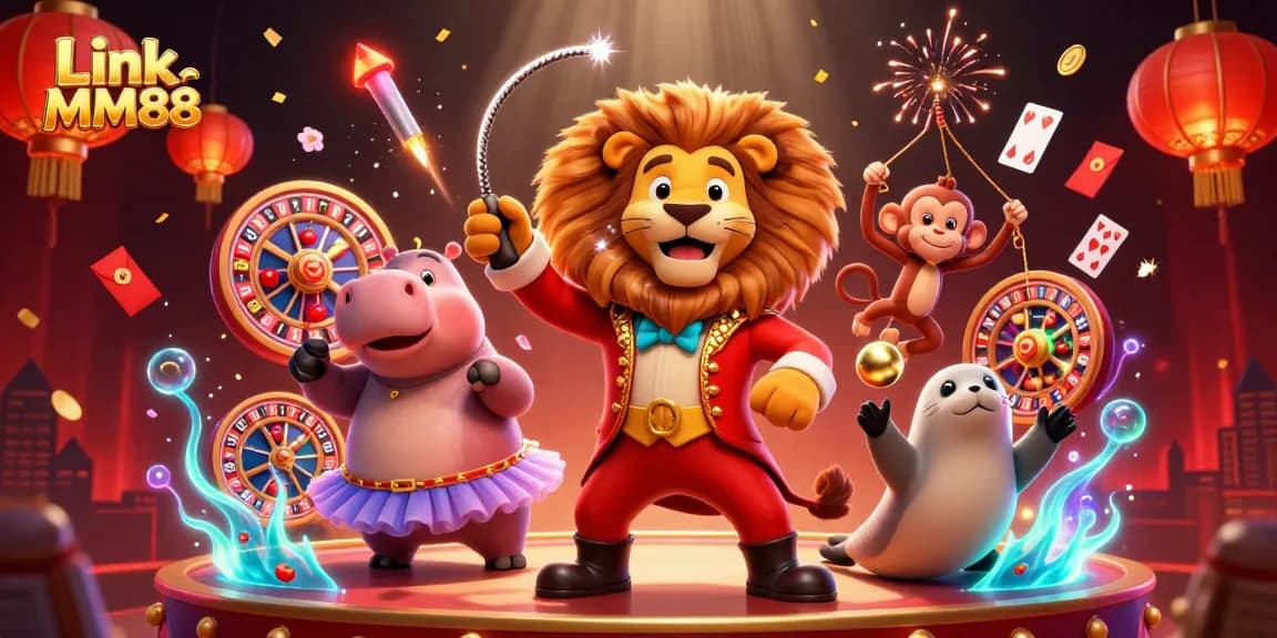 Experience the thrills of Link MM88 Casino with a vibrant 3D circus-themed illustration featuring lively characters and gaming elements.