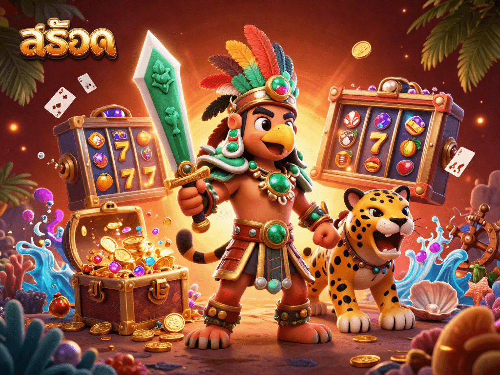 Experience สล็อต excitement with an Aztec warrior and jaguar alongside vibrant slot elements.