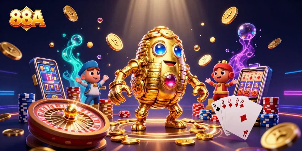 Engage with 88A's thrilling gaming experience featuring a golden golem amidst vibrant casino elements.