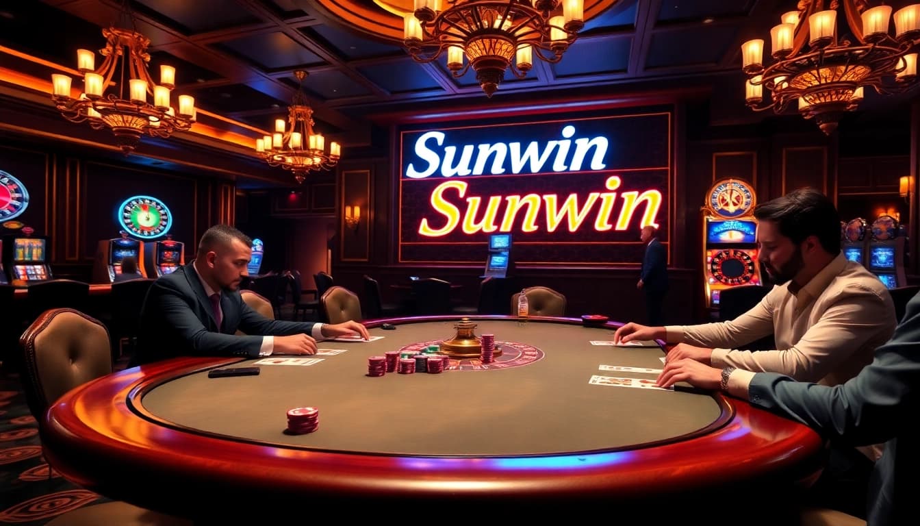 Engage in high-stakes poker at Sunwin's luxurious casino table, showcasing vibrant chips and illuminated ambiance.