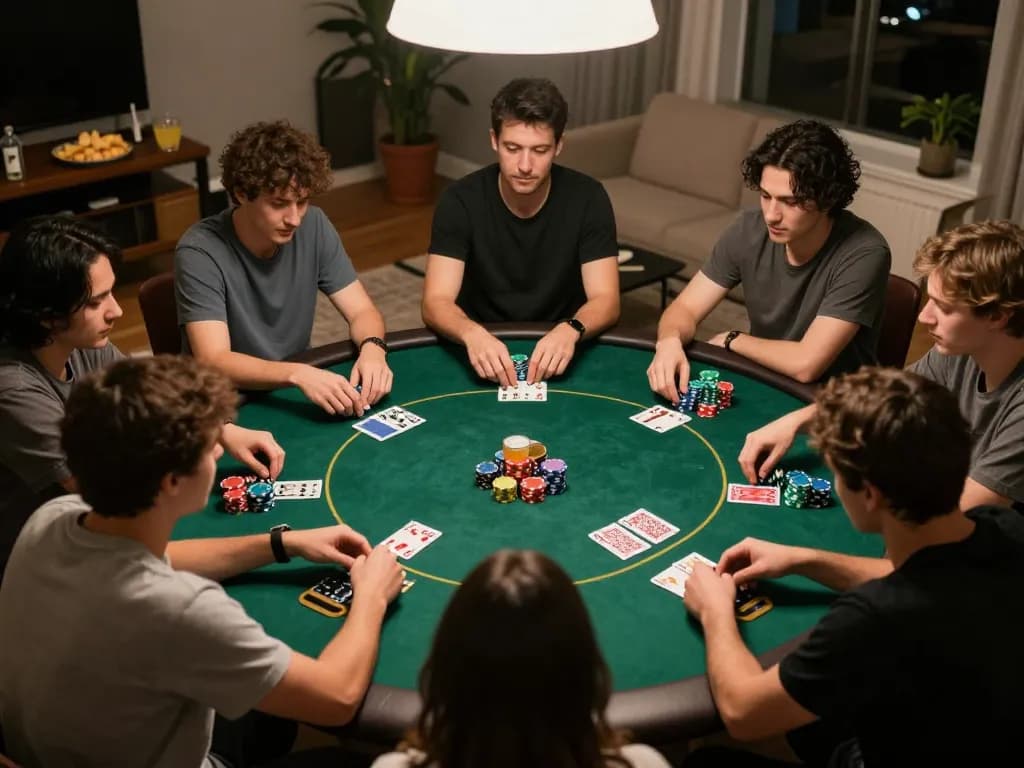 Enjoying a lively home poker night while playing link slot games with friends.