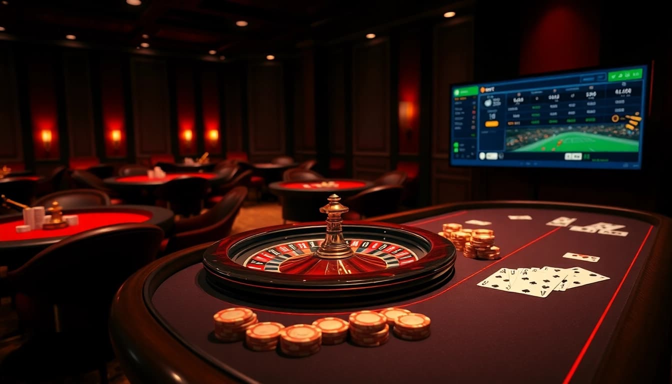 Experience the thrill of F8bet with luxurious casino tables and digital betting screens.