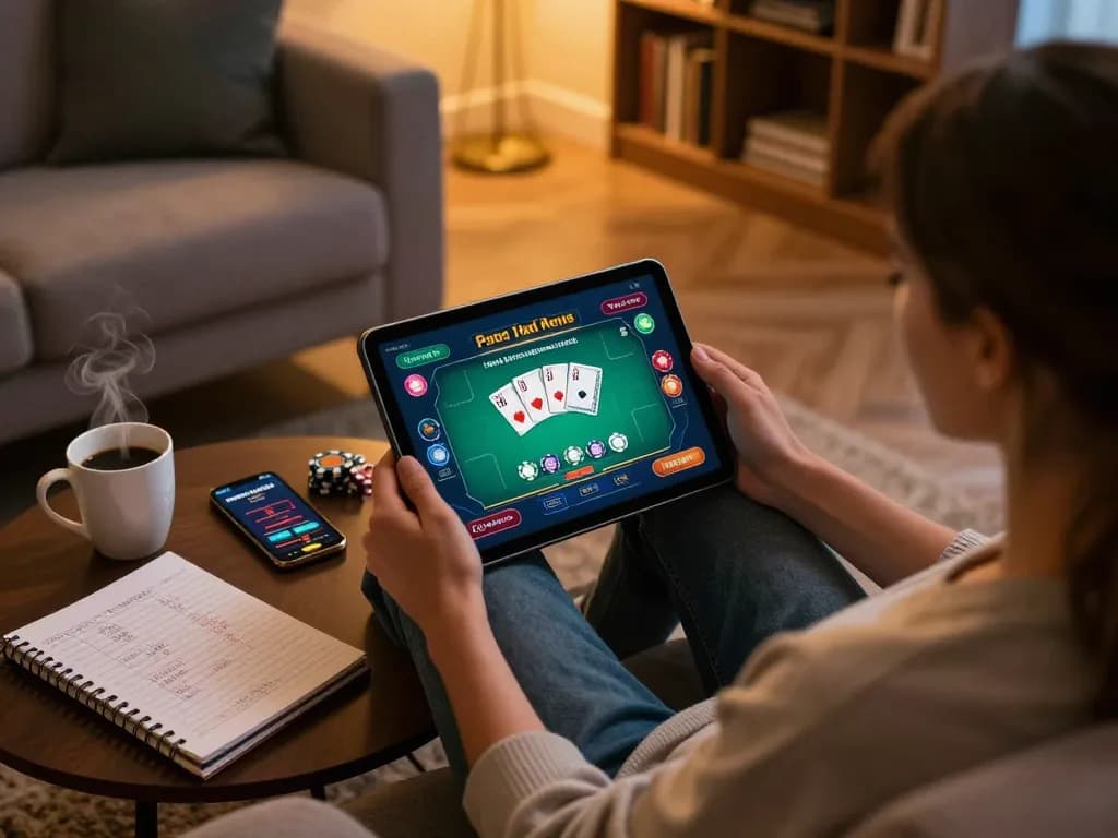 Leci123 poker gameplay on a tablet in an inviting home setting, highlighting strategic betting notes.