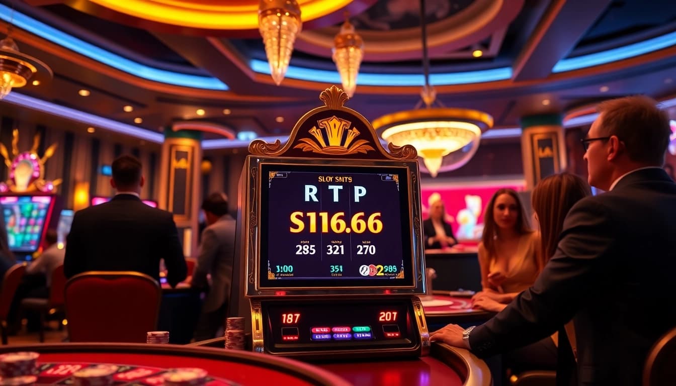 Engaging scene with RTP Slot machine stats displayed prominently, enhancing the thrill of casino gaming.