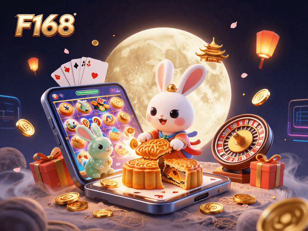 Spin and win with F168 in a vibrant lunar casino celebration with iconic game elements.