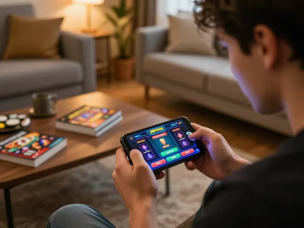 MPO08 player analyzing betting options on smartphone in cozy home setting, showcasing online gambling excitement