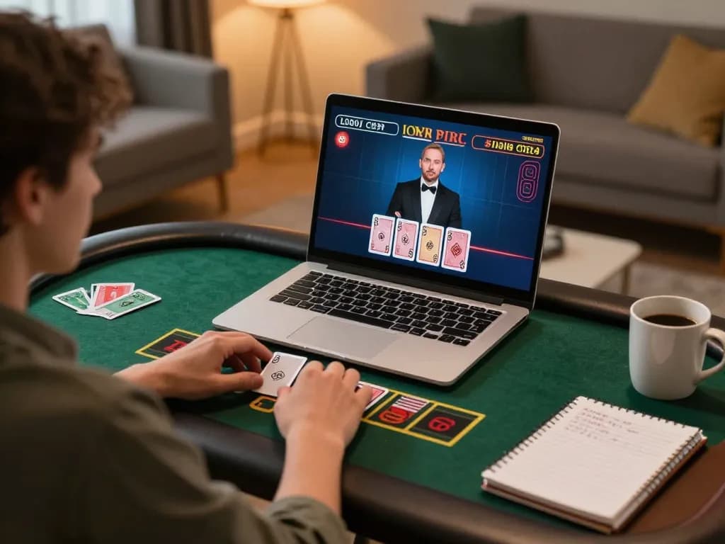 Luck8 player engaged in live dealer blackjack at home, showcasing strategic gameplay.