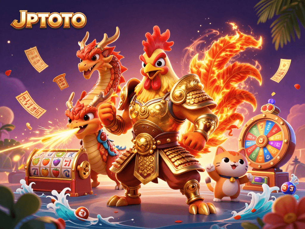 Experience thrilling wins at JPTOTO with vibrant gaming elements and animated characters in a colorful casino scene.