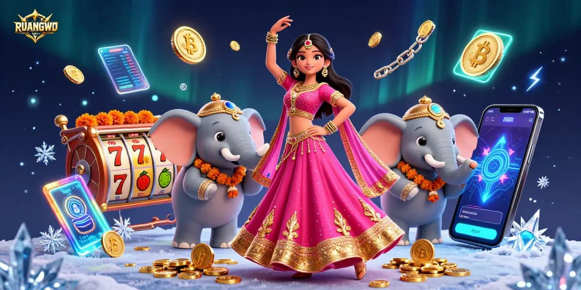 Engage in thrilling gameplay with RUANGWD's vibrant slot game and crypto elements in a stunning 3D scene.