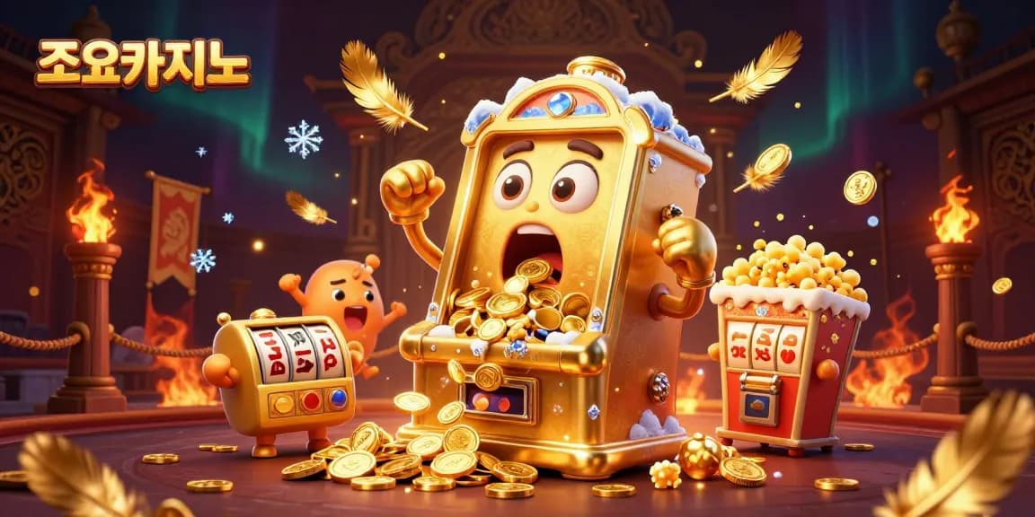 Experience the thrill with 조이카지노's golden slot machine winning a jackpot while coins burst forth.