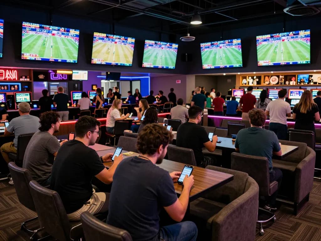 Engaged participants enjoying cược thể thao at a bustling sportsbook with live games and betting.
