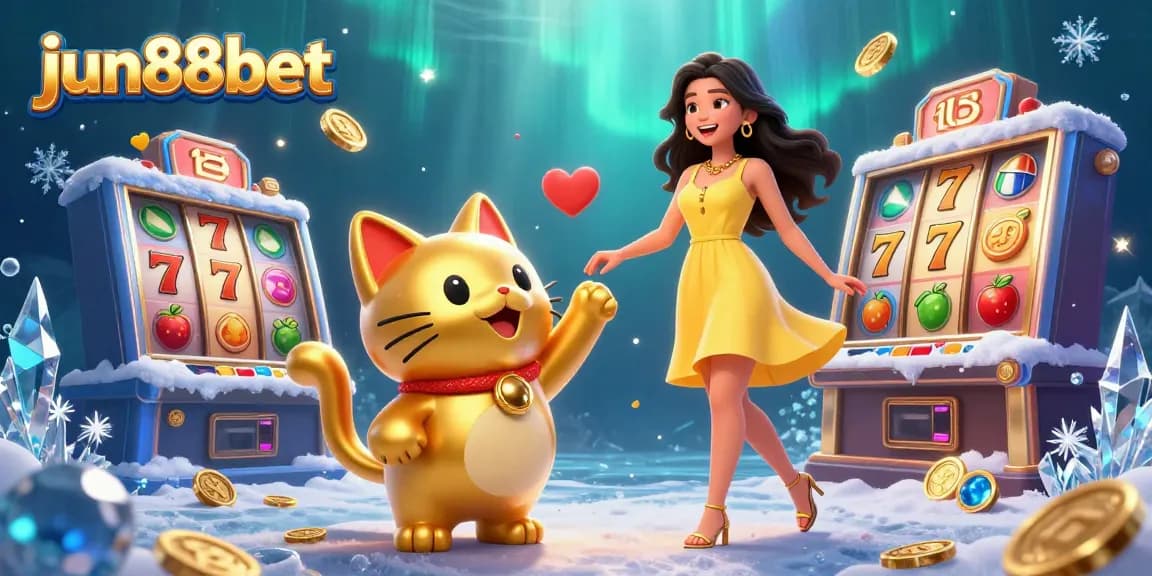 Experience thrilling gaming at jun88bet with a joyful Asian woman and lucky cat in a vibrant casino scene.