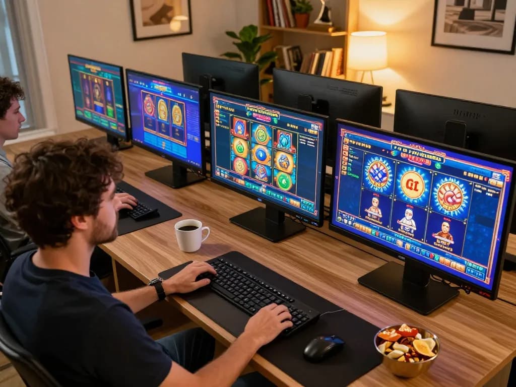 Engaging with Pragmatic Slot games in a cozy online casino setup at home with multiple screens.