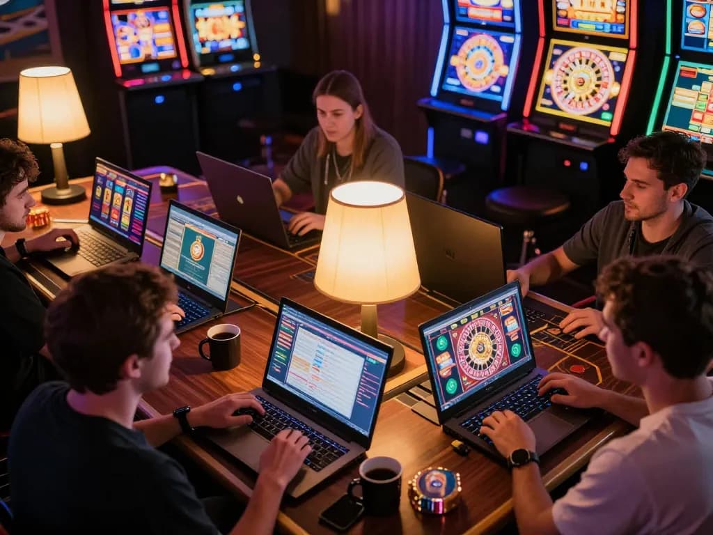 Players engaging in online slot games at n188 with colorful graphics and warm ambiance.