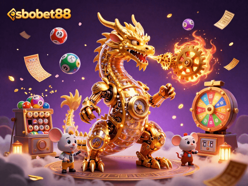 SBOBET88's vibrant gaming world with a golden dragon, cogs, and colorful lottery balls elevating the excitement of bookmakers.