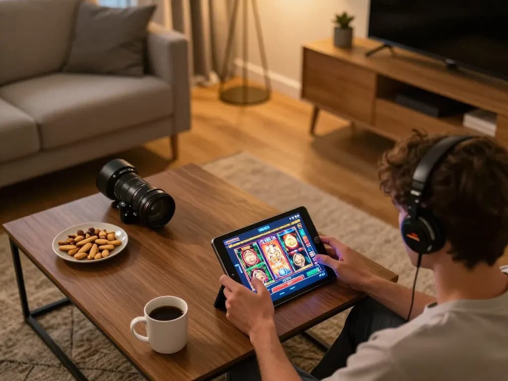 IDCASH88 player enjoying a festive online slot game on a tablet in a cozy living room.