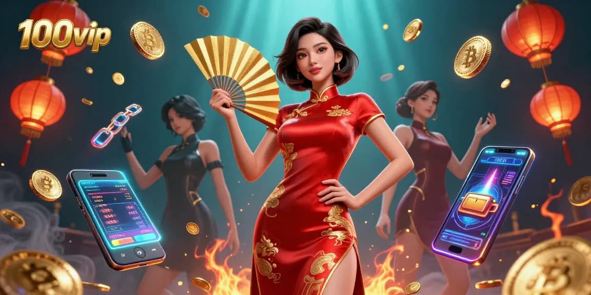 Experience the vibrant atmosphere of 100vip casino with floating coins and colorful lanterns in a rich digital illustration.
