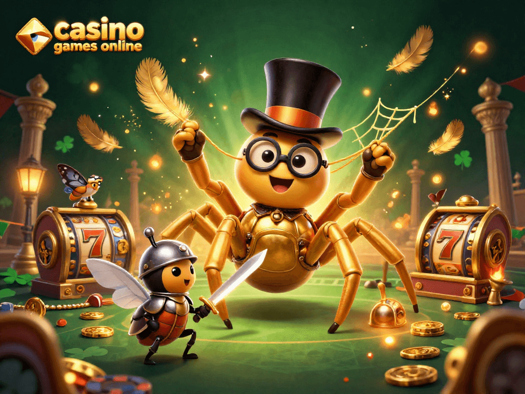 Engage with innovative casino games online featuring a golden spider and knight in a vibrant scene.