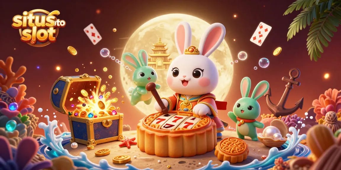 Engage with situs toto slot in a vibrant 3D casino scene featuring lucky symbols and characters.